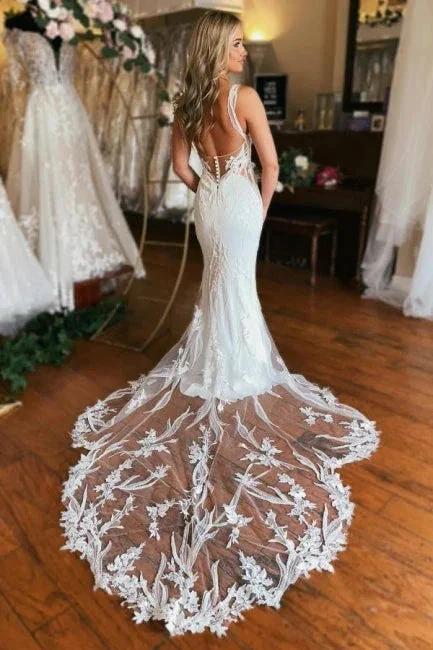 Charming Long V-neck Mermaid Sleeveless Wedding Dress With Lace by misshow.com