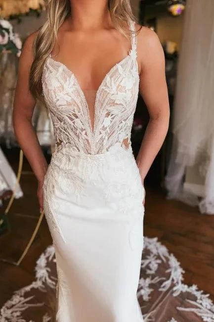 Charming Long V-neck Mermaid Sleeveless Wedding Dress With Lace by misshow.com