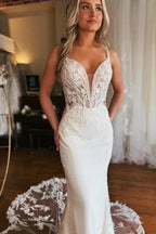 Charming Long V-neck Mermaid Sleeveless Wedding Dress With Lace by misshow.com