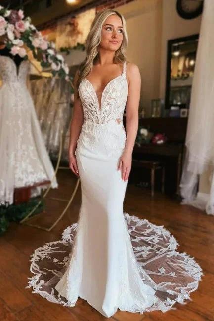 Charming Long V-neck Mermaid Sleeveless Wedding Dress With Lace by misshow.com