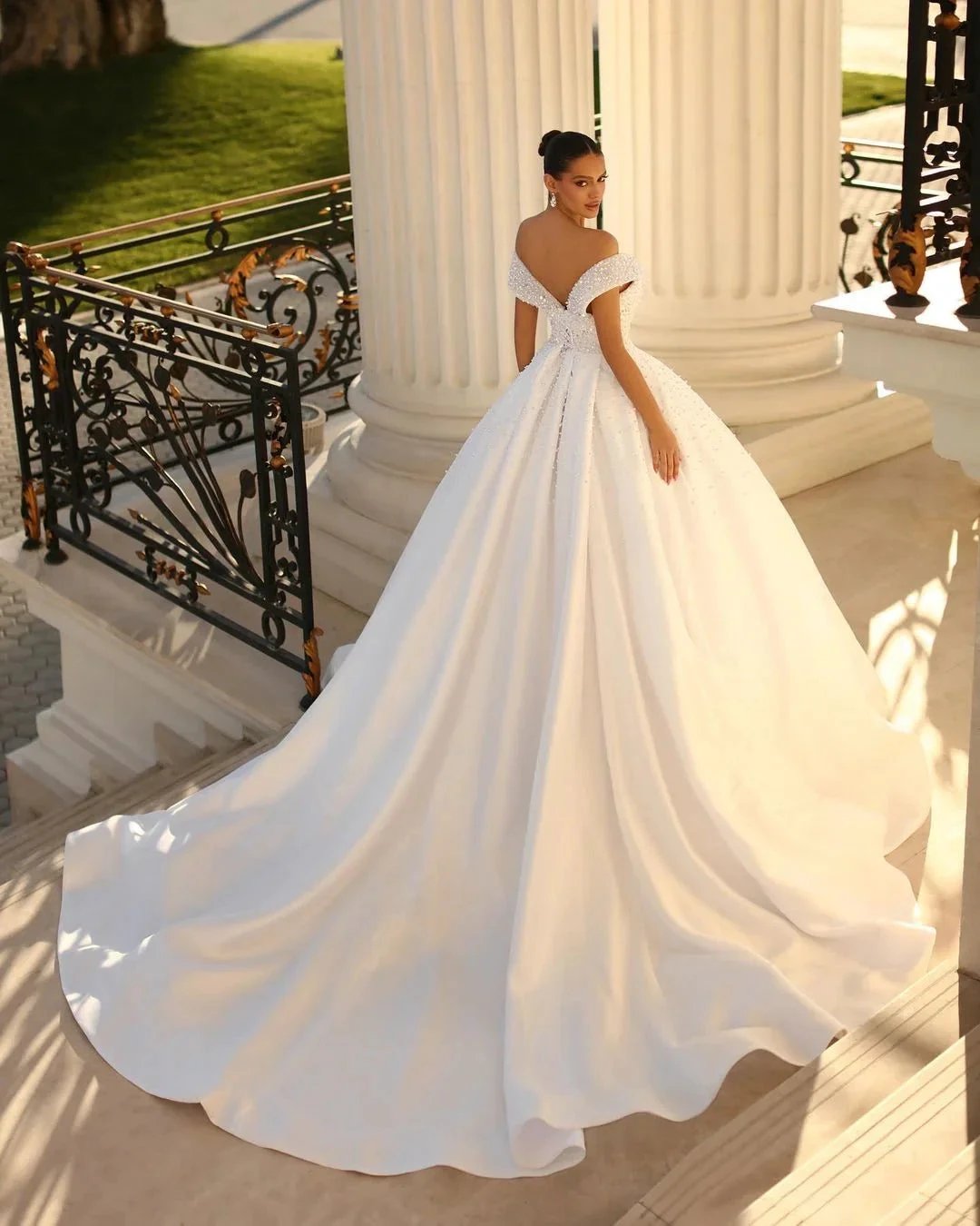Charming Long White Off-the-shoulder A-line Sequined Wedding Dress With Pearls by misshow.com