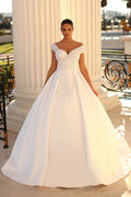 Charming Long White Off-the-shoulder A-line Sequined Wedding Dress With Pearls by misshow.com