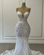 Charming Long White Sweetheart Mermaid Lace Sleeveless Wedding Dress by misshow.com