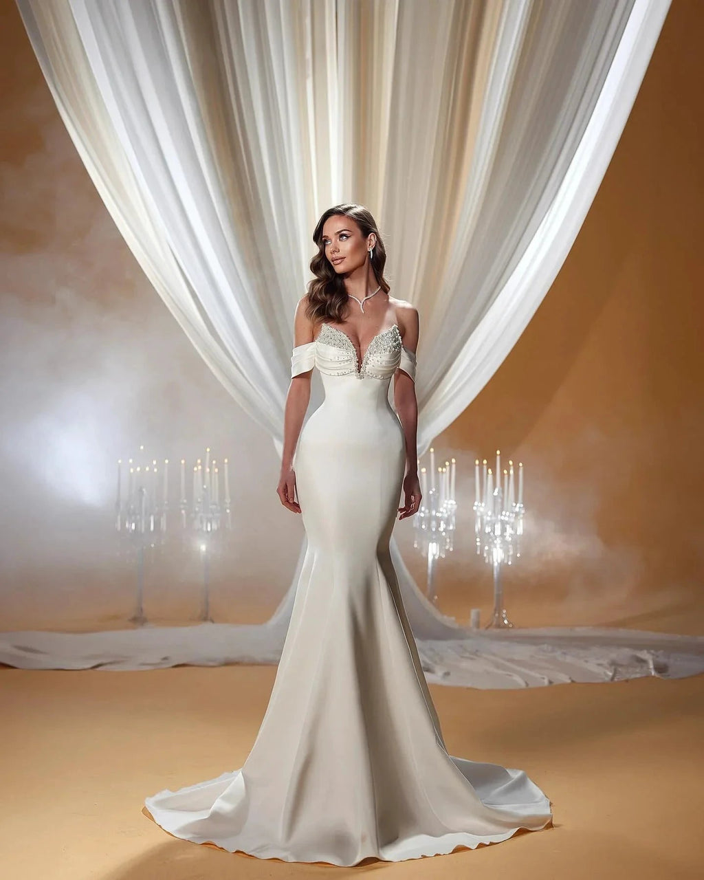 Charming Mermaid Off-the-shoulder Sleeveless Ruffles Satin Wedding Dresses by misshow.com