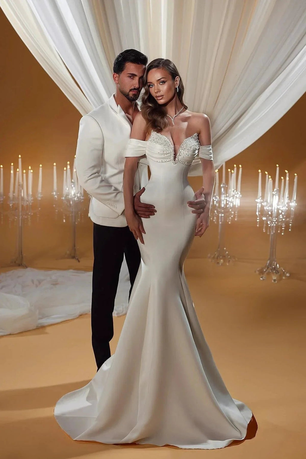 Charming Mermaid Off-the-shoulder Sleeveless Ruffles Satin Wedding Dresses by misshow.com