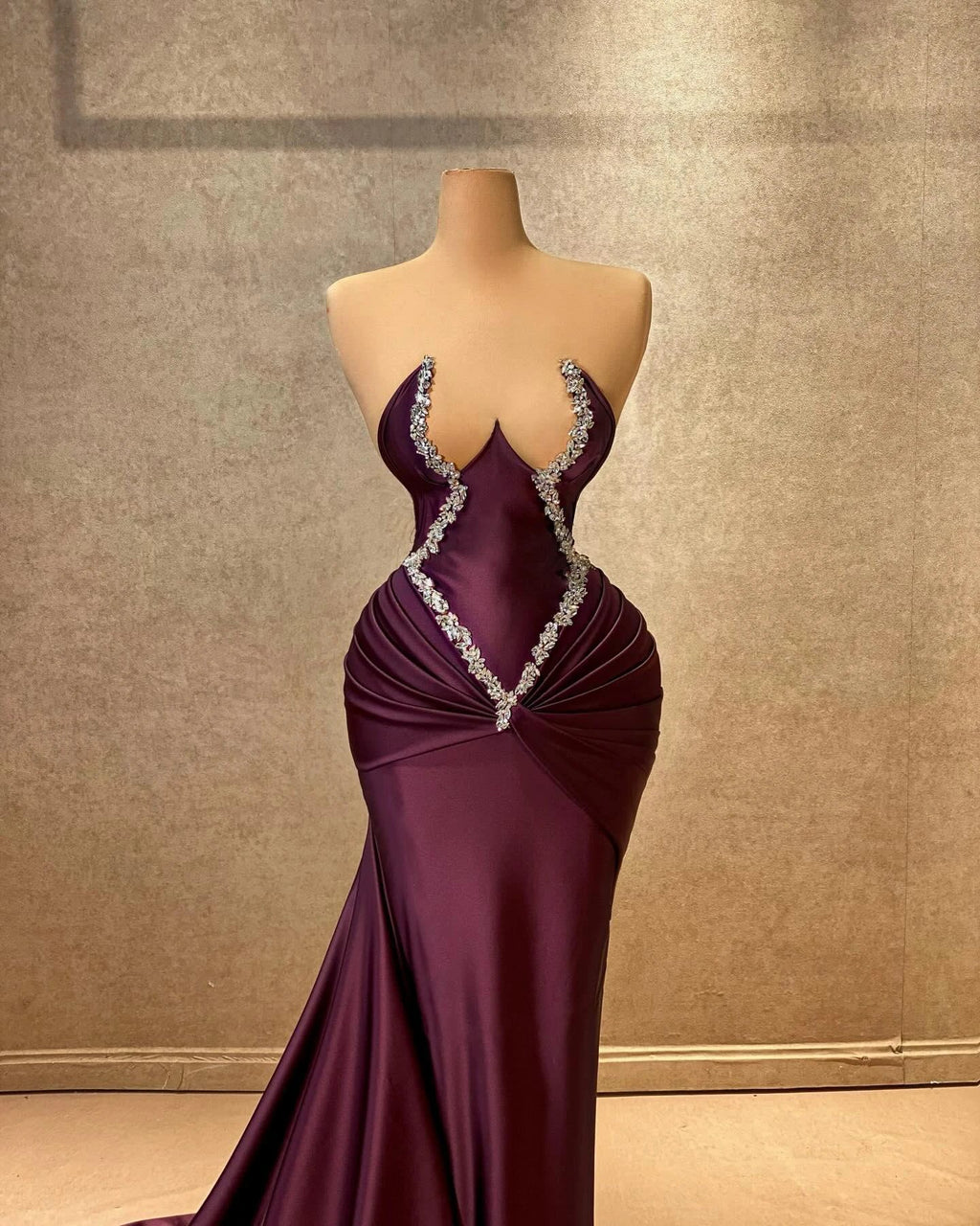 Charming Mermaid Strapless Sleeveless Rhinestone Satin Train Burgundy Long Prom Dress by misshow.com