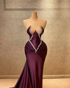 Charming Mermaid Strapless Sleeveless Rhinestone Satin Train Burgundy Long Prom Dress by misshow.com