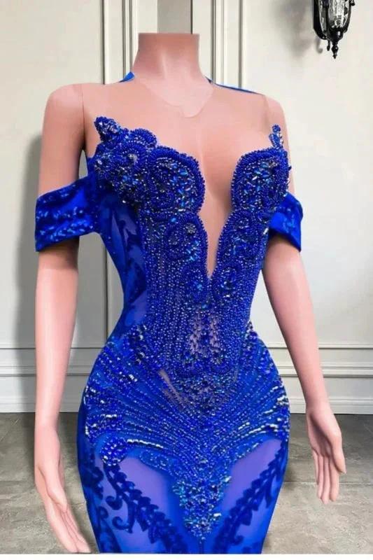 Charming Off-the-Shoulder Royal Blue Crystals Mermaid Prom Dress with Beadings by misshow.com