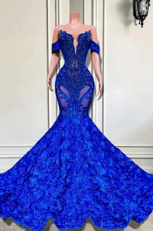 Charming Off-the-Shoulder Royal Blue Crystals Mermaid Prom Dress with Beadings by misshow.com