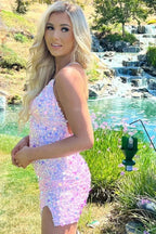 Charming Short Column Spaghetti Straps Sleeveless Sequined Openback Homecoming Dress by misshow.com