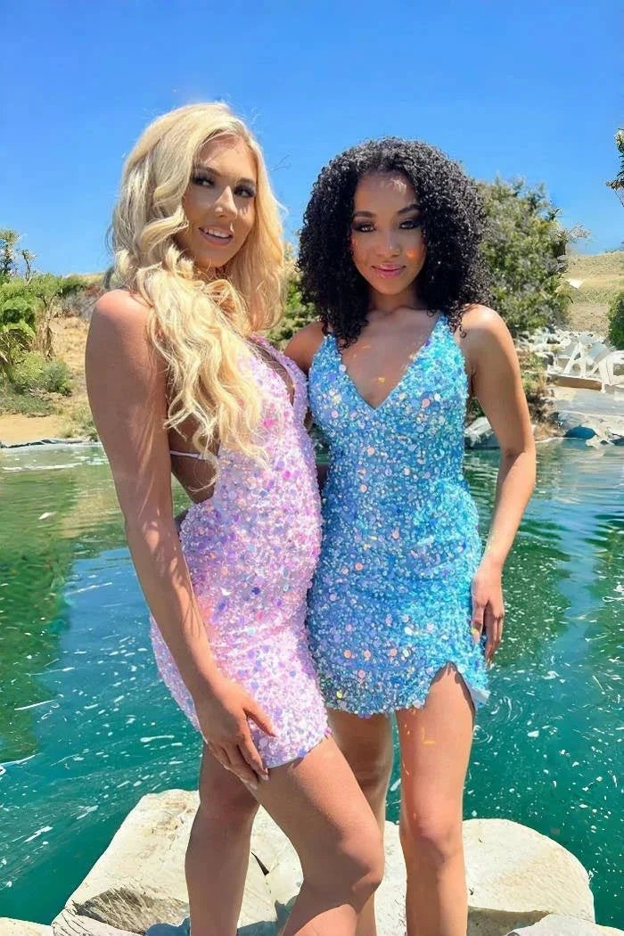 Charming Short Column Spaghetti Straps Sleeveless Sequined Openback Homecoming Dress by misshow.com