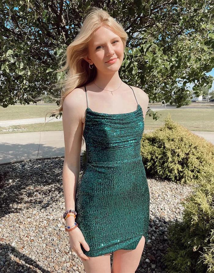 Charming Short Column Spaghetti Straps Sleeveless Sequined Satin Openback Homecoming Dress by misshow.com