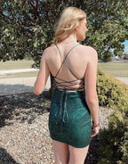 Charming Short Column Spaghetti Straps Sleeveless Sequined Satin Openback Homecoming Dress by misshow.com