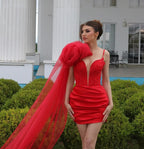 Charming Short Column V-Neck Sleeveless Ruffles Satin Red Prom Dress by misshow.com