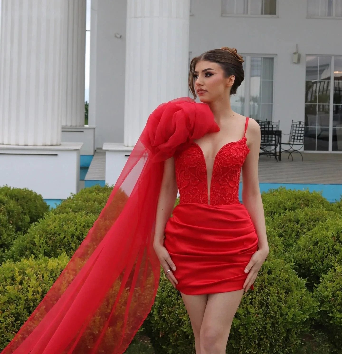 Charming Short Column V-Neck Sleeveless Ruffles Satin Red Prom Dress by misshow.com