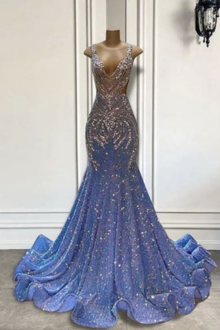 Vestido de fiesta de sirena con cristales brillantes y cuello redondo sin mangas