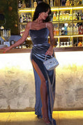 Charming Split Front Mermaid Straps Stain Prom Dress with Ruffles by misshow.com