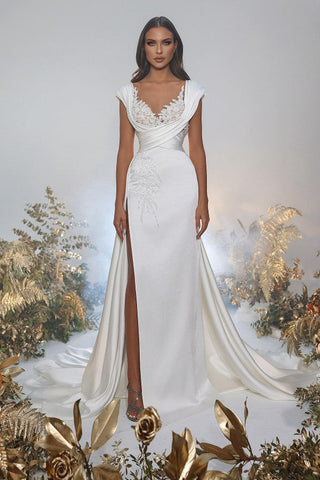 Long Mermaid Sweetheart Satin Lace Wedding Dresses with Slit