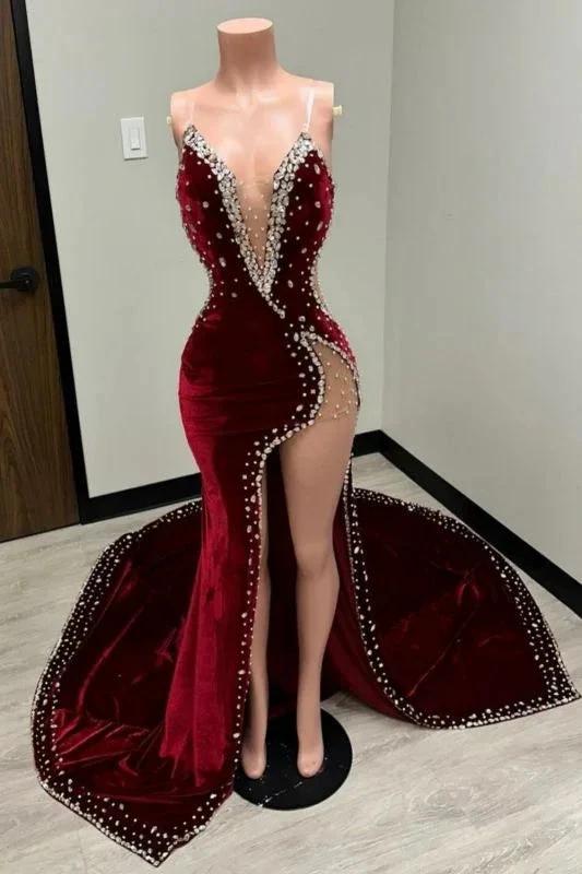 Charming V-Neck Velvet Mermaid Prom Dress Beadings Side Slit Party Dress by misshow.com