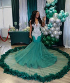 Charming Long V neck Sleeveless Tulle Beading Mermaid Prom Dress by BIZTUNNEL