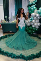 Charming Long V neck Sleeveless Tulle Beading Mermaid Prom Dress by BIZTUNNEL