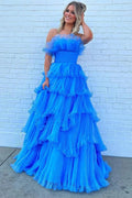 Charming A Line Strapless Blue Long Prom Dress with Ruffles PSK492 by pgmdress
