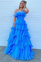 Charming A Line Strapless Blue Long Prom Dress with Ruffles PSK492 by pgmdress