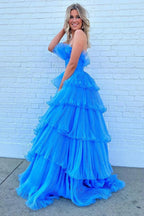 Charming A Line Strapless Blue Long Prom Dress with Ruffles PSK492 by pgmdress