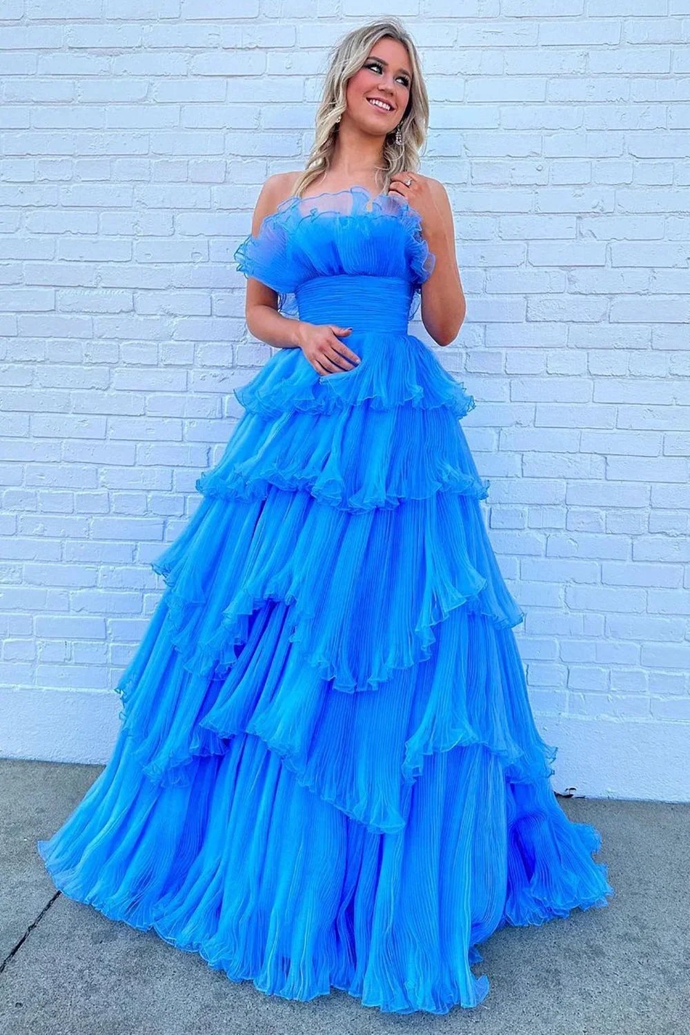 Charming A Line Strapless Blue Long Prom Dress with Ruffles PSK492 by pgmdress