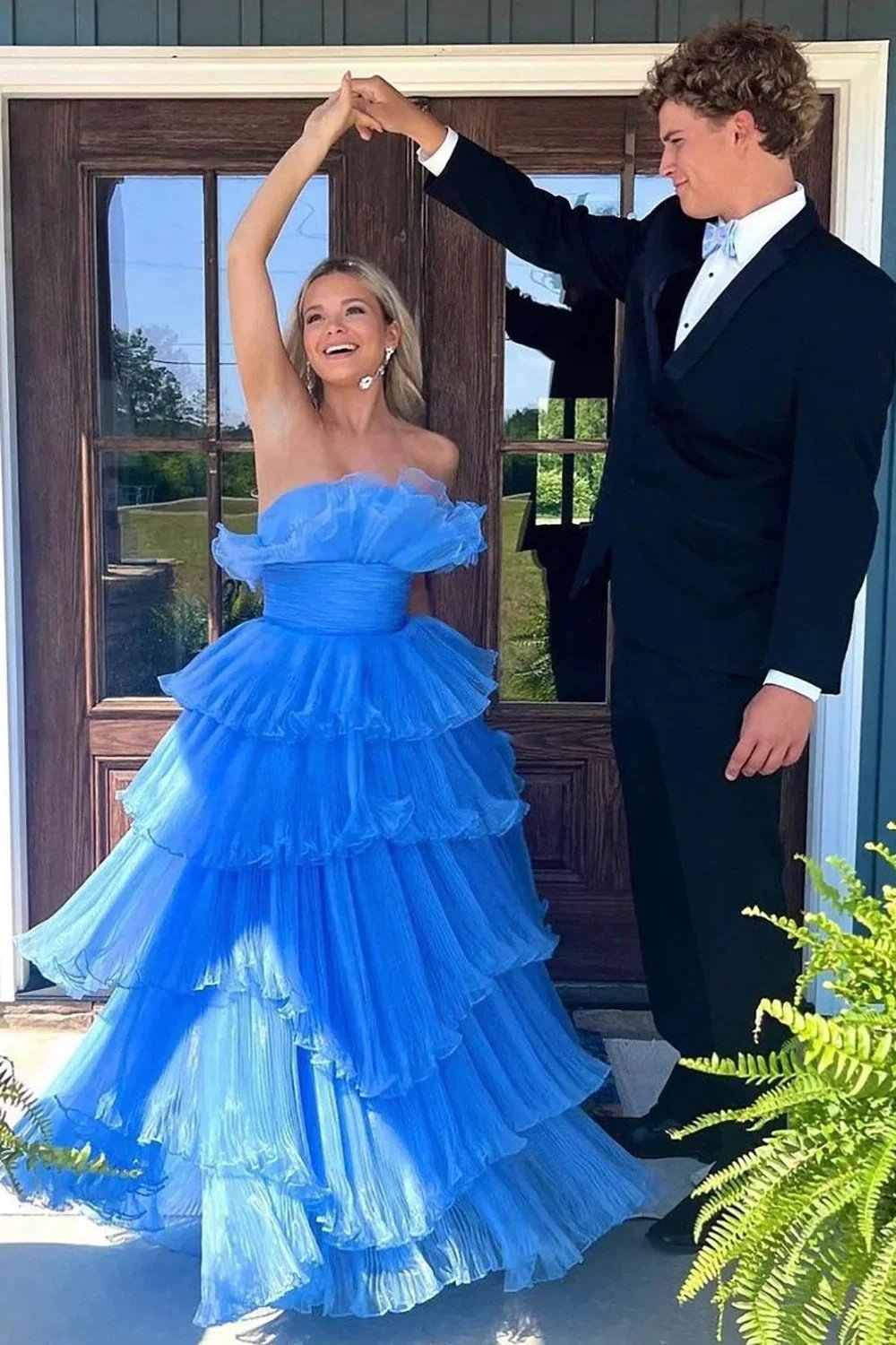 Charming A Line Strapless Blue Long Prom Dress with Ruffles PSK492 by pgmdress