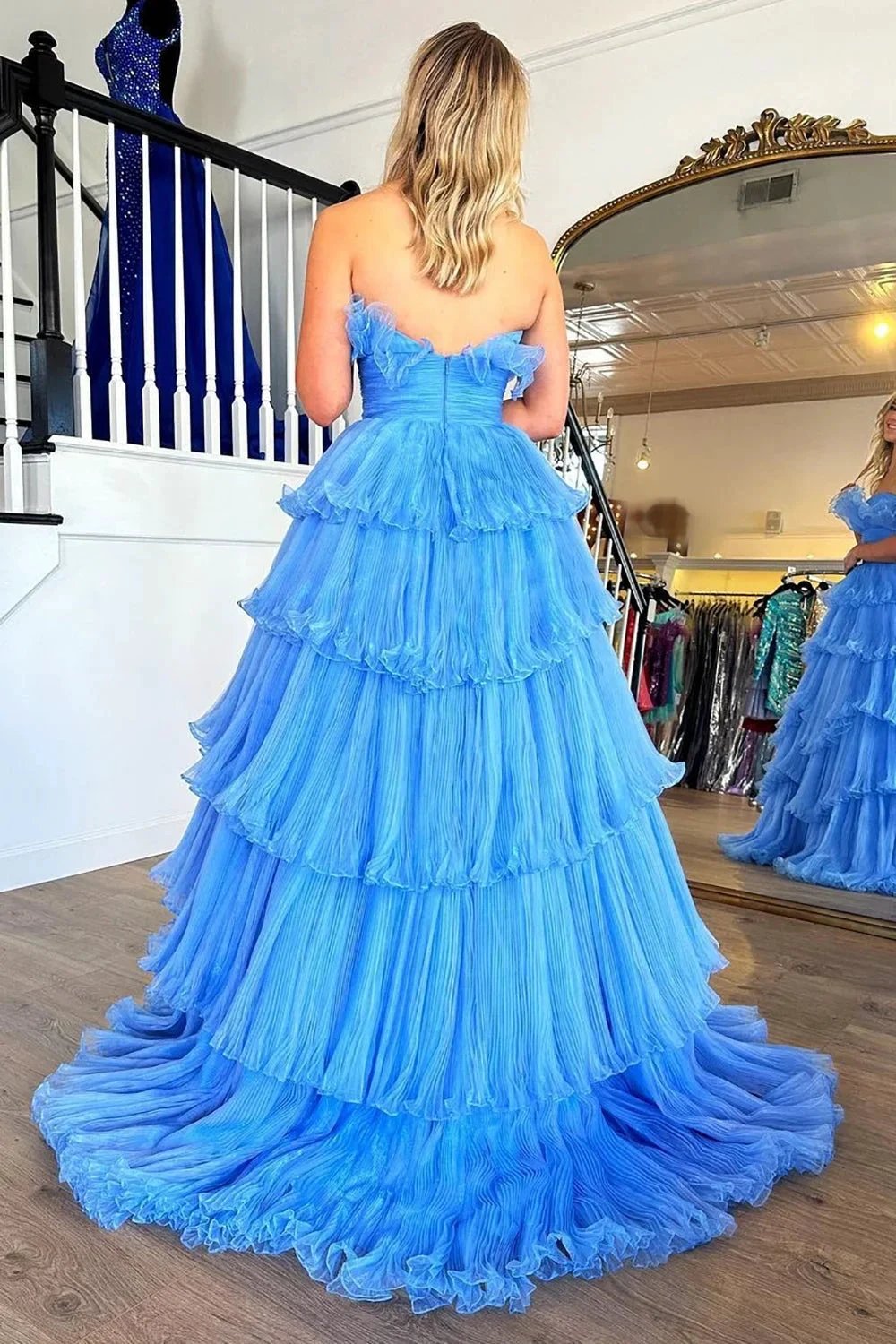 Charming A Line Strapless Blue Long Prom Dress with Ruffles PSK492 by pgmdress