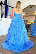 Charming A Line Strapless Blue Long Prom Dress with Ruffles PSK492 by pgmdress