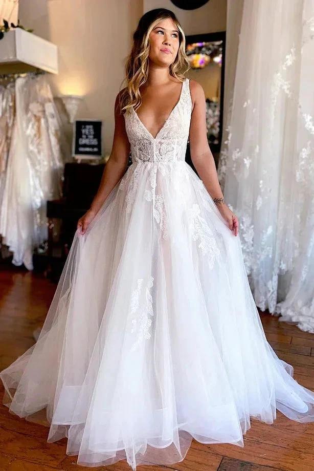 Charming A Line V Neck Tulle Beach Wedding Dresses with Appliques WD670 by pgmdress