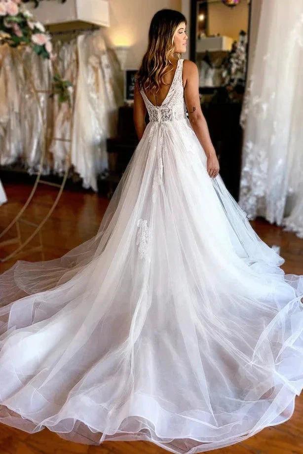 Charming A Line V Neck Tulle Beach Wedding Dresses with Appliques WD670 by pgmdress