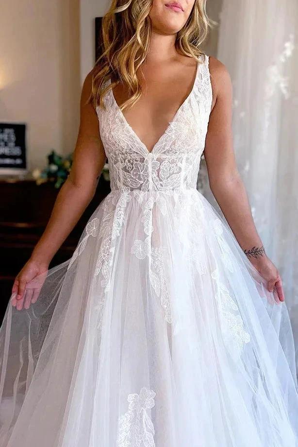 Charming A Line V Neck Tulle Beach Wedding Dresses with Appliques WD670 by pgmdress