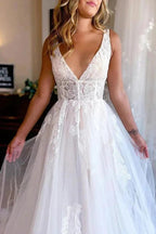 Charming A Line V Neck Tulle Beach Wedding Dresses with Appliques WD670 by pgmdress