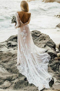 Charming Bateau Lace Long Sleeves Beach Wedding Dress WD436 by pgmdress