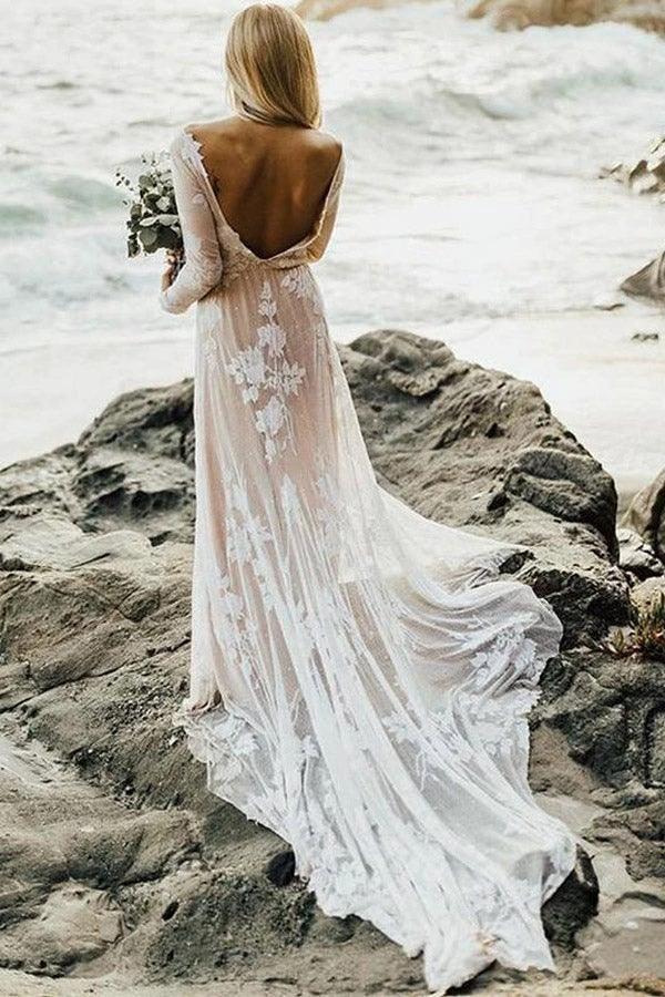 Charming Bateau Lace Long Sleeves Beach Wedding Dress WD436 by pgmdress