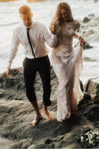 Charming Bateau Lace Long Sleeves Beach Wedding Dress WD436 by pgmdress