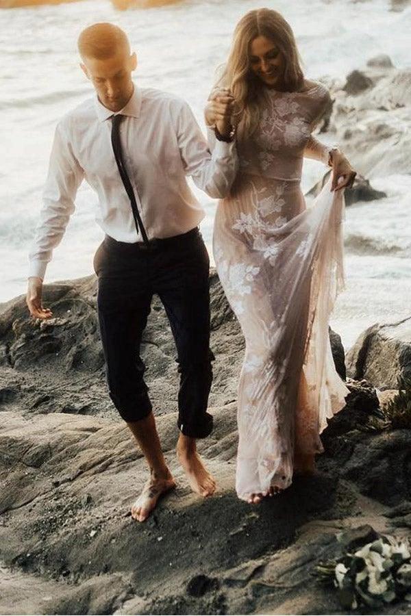 Charming Bateau Lace Long Sleeves Beach Wedding Dress WD436 by pgmdress