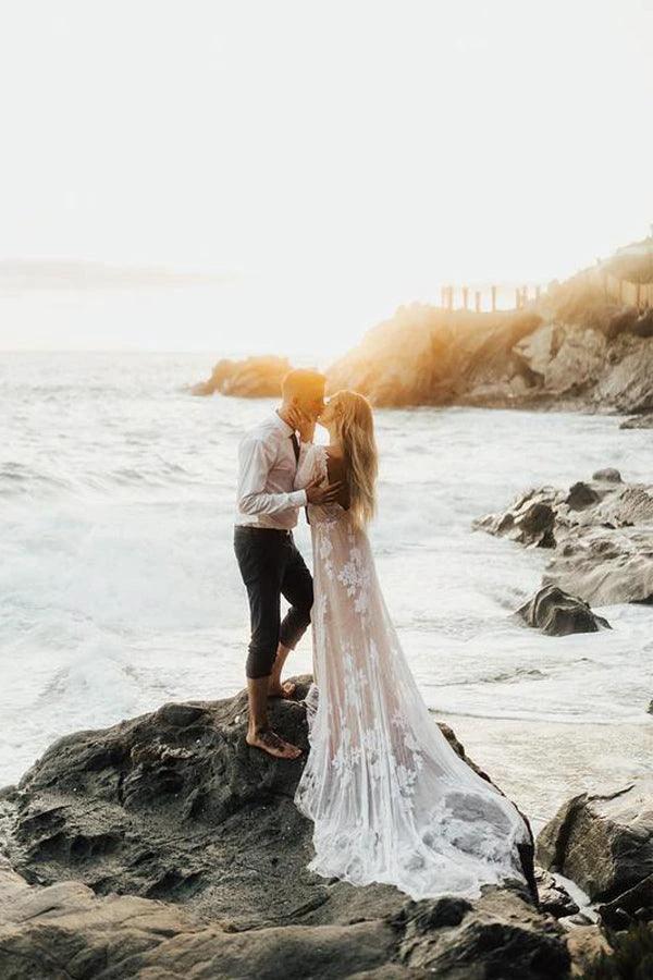 Charming Bateau Lace Long Sleeves Beach Wedding Dress WD436 by pgmdress