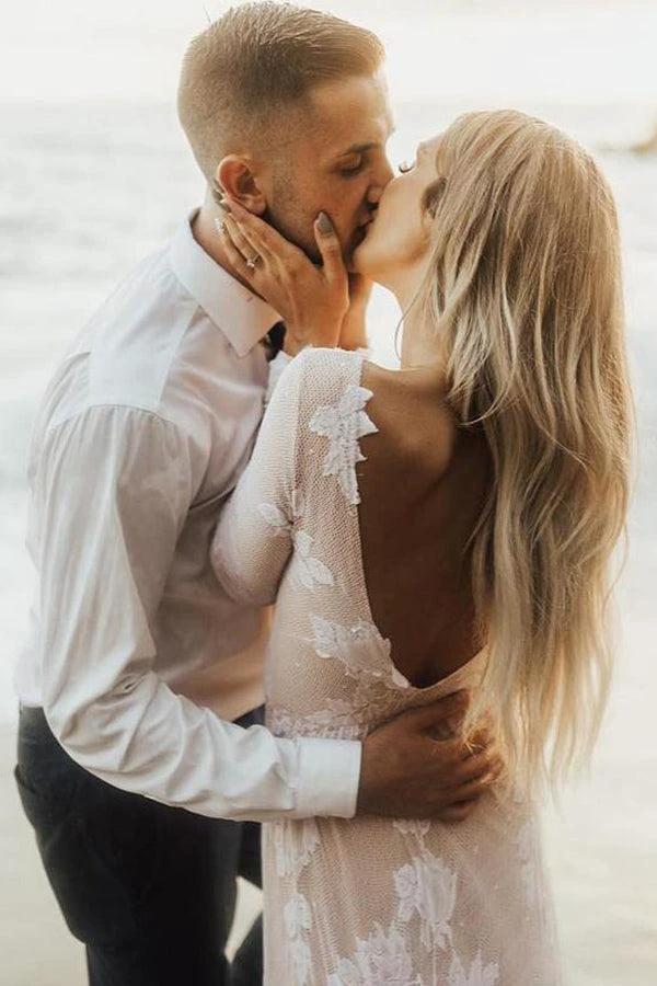 Charming Bateau Lace Long Sleeves Beach Wedding Dress WD436 by pgmdress