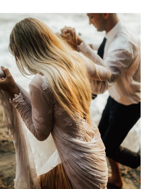 Charming Bateau Lace Long Sleeves Beach Wedding Dress WD436 by pgmdress