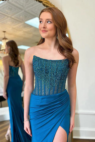 Vestido de fiesta azul con escote redondo y corte sirena y cuentas (PSK606)