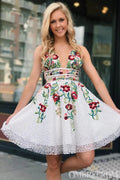 Charming V Neck Lace Short Prom Dresses with Embroidery by Ombreprom