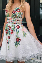 Charming V Neck Lace Short Prom Dresses with Embroidery by Ombreprom