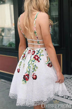 Charming V Neck Lace Short Prom Dresses with Embroidery by Ombreprom