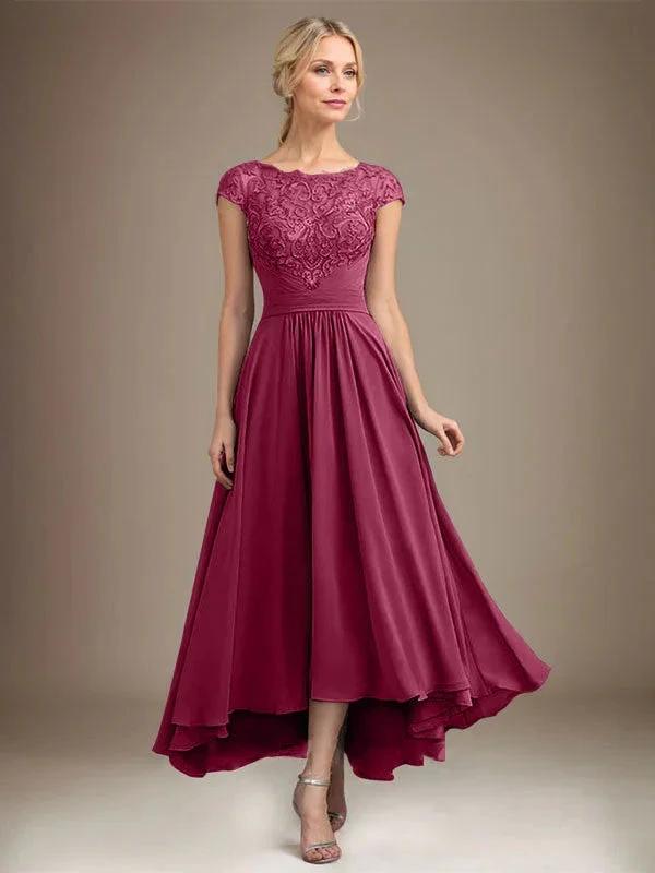 A-line Scoop Illusion Asymmetrical Lace Chiffon Mother of the Bride Dress With Pleated by Dreamylily