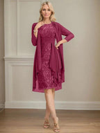 Sheath/Column Scoop Illusion Knee-Length Lace Chiffon Mother of the Bride Dress With Cascading Ruffles Sequins by Dreamylily