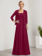 A-line Square Floor-Length Lace Chiffon Mother of the Bride Dress With Sequins by Dreamylily